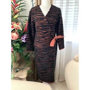 NEW JOA Zebra Print Fuzzy Long Wrap Cardigan Duster in Black / Brown